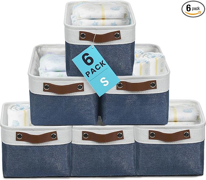 OrganiHaus Small Fabric Storage Baskets 6 Pack, 12x8in Cloth Storage Bins for Shelves, Small Baskets for Organizing Pantry Closet, Canvas Shelf Baskets, Navy Blue/Off-White
