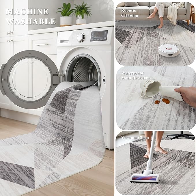 TOPRUUG Area Rug 5x6 Washable: Geometric Non-Slip Low Pile Rugs for Living Room Large Kitchen Bedroom Office - Ultra Soft Modern Aesthetic Home Decor (Grey Cream Beige, 5X6)