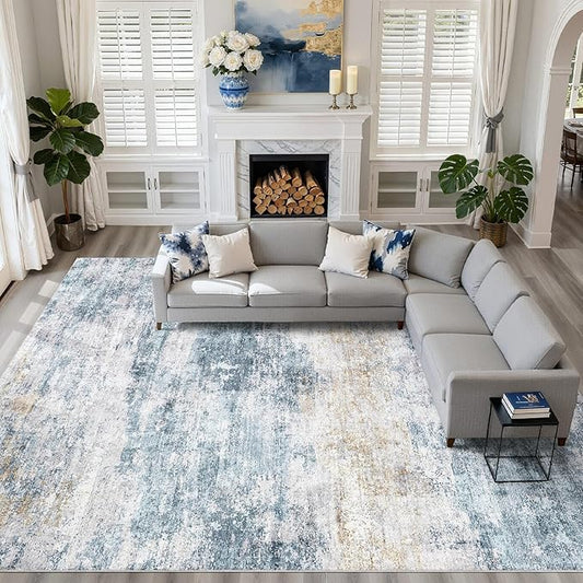 10x14 Area Rugs Living Room: Washable Large Neutral Rug Abstract Soft Modern Stain Resistant Indoor Floor Non-Slip Carpet for Bedroom Nursery Kids Office Playroom Dining Room Under Table- Blue Gold