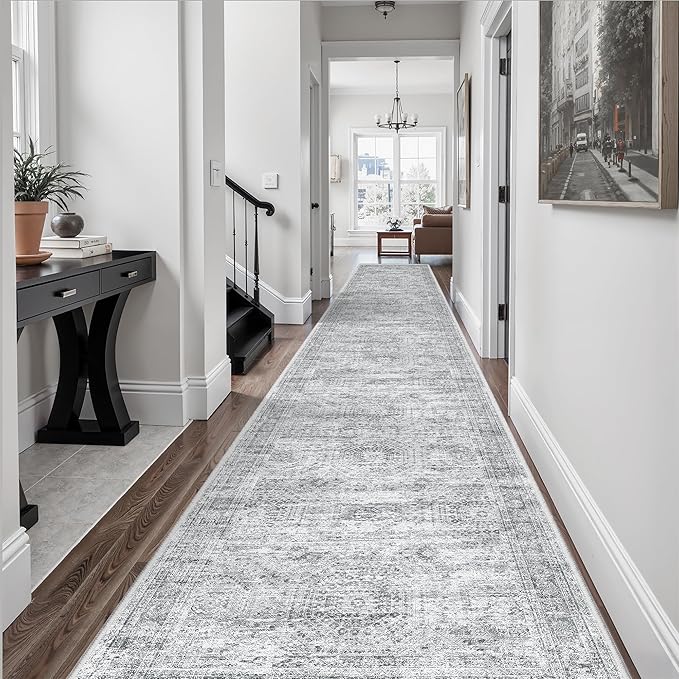 Soalmost Hallway Runner 3x14 - Runner Rugs 14ft Washable Entryway Rug Vintage Kitchen Runners Non Slip Indoor Rug Farmhouse Carpet Runner for Bathroom Living Room Bedroom, Grey