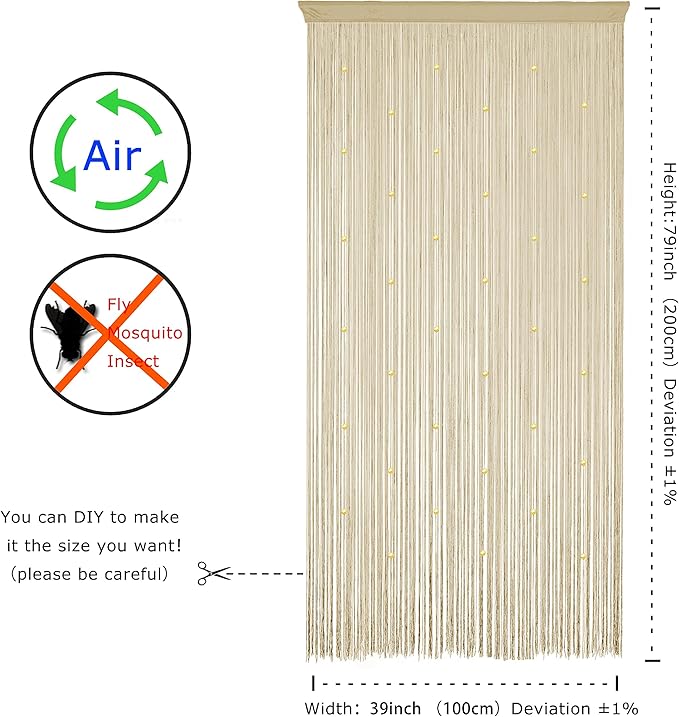 YaoYue Beaded Curtain Door String Curtains for Doorway Tassels Beads Hanging Fringe Hippie Room Divider Window Hallway Entrance Wall Closet Bedroom Privacy Decor (39×79in/100×200cm, Champagne)