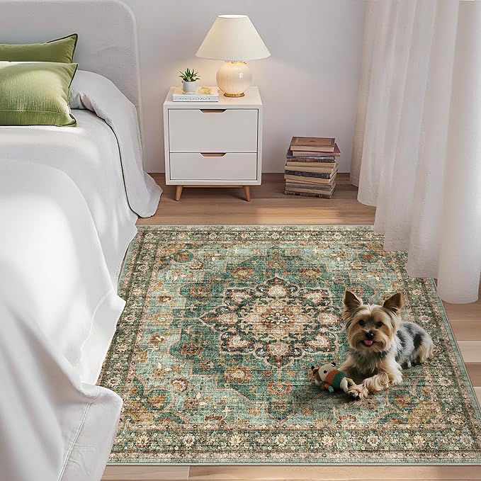 TOPRUUG Green Washable Entry Rug - 4x4 Area Rugs for Kitchen Bedroom Bedside Bathroom Entryway Non Slip with Rubber Backing Low Pile Ultra Soft Stain Resistant Small Carpet (Green, 4x4)