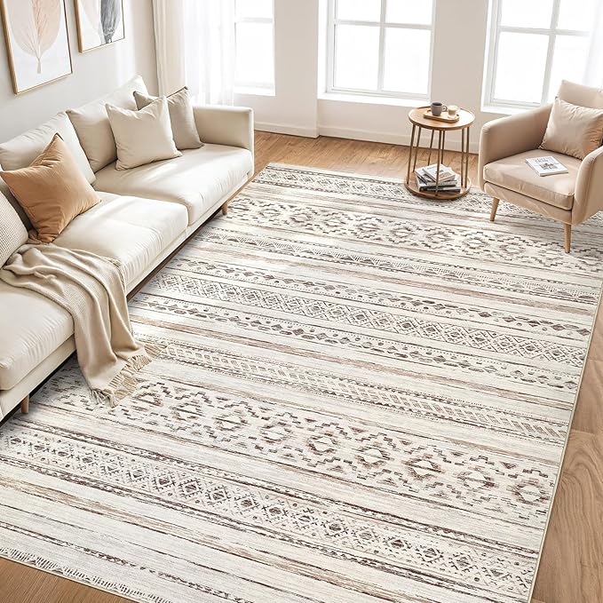 cotiled 5x8 Area Rug Living Room: Washable Boho Rugs with Non Slip Backing Large Soft Indoor Stain Resistant Carpet for Bedroom Farmhouse Dining Room Lightweight Home Decor Cream Brown