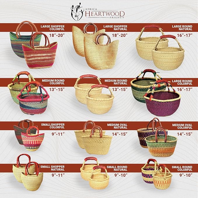 Africa Heartwood Project Deluxe Colorful African Basket with Leather Handles - Handmade from dried Elephant Grass, Hand-Woven by Women in Bolgatanga, Ghana - Large 16" Round Flat-packed