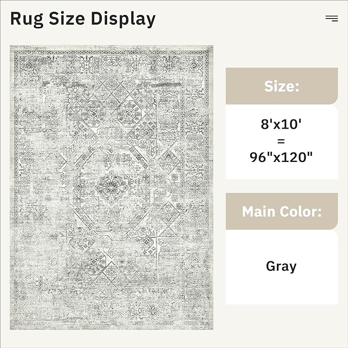 Soalmost Washable Area Rug 8x10, Gray Soft Rug for Living Room Vintage 8x10 Area Rugs for Bedroom Dining Room Floral Non-Slip Thin Grey Rug
