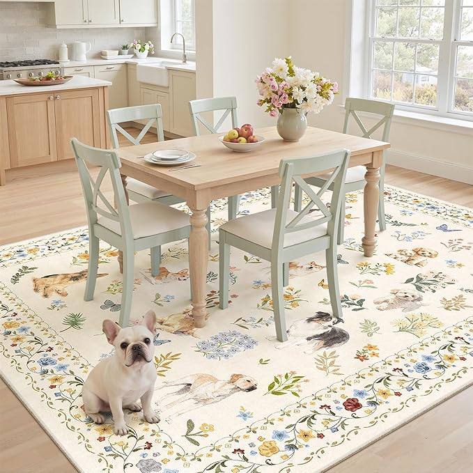 Soalmost Dog 5x7 Area Rugs for Living Room, Machine Washable Animal Floral Vintage Rug Non-Slip Low Pile Soft Throw Rugs for Kitchen Dining Room Bedroom Nursery Playroom (5 x 7,Beige)