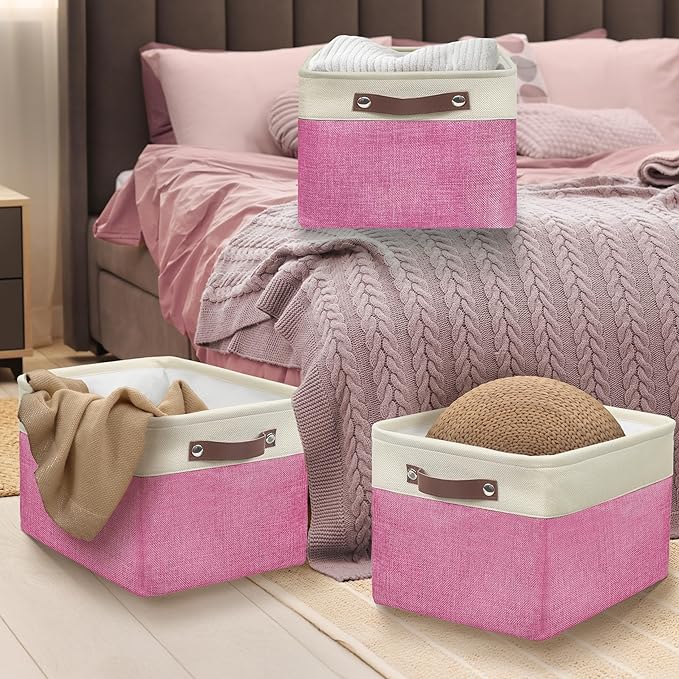 Simple Houseware Large Fabric Storage Bin, 15" x 11" with Leather Like Handles, 3 Pack, Pink