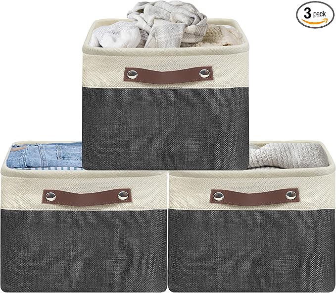 Simple Houseware Large Fabric Storage Bin, 15" x 11" with Leather Like Handles, 3 Pack, Dark Gray