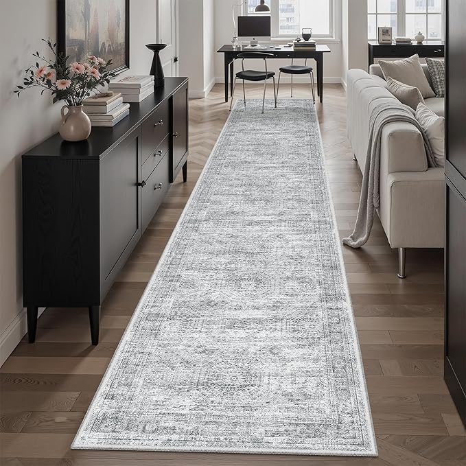 Soalmost Runner Rug 2x10 Washable Non-Slip Hallway Runner Rugs for Kitchen Bathroom Laundry Room Grey Vintage Floor Carpet Runners for Hallways Entryway