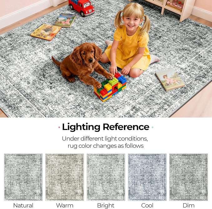 CAPALOCA Machine Washable Rugs Nursery Rug 5x7 Cute Girl Non Slip Low Pile Water Repellent Soft Print Pattern for Bedroom Indoor Decor Kids Playroom Grey