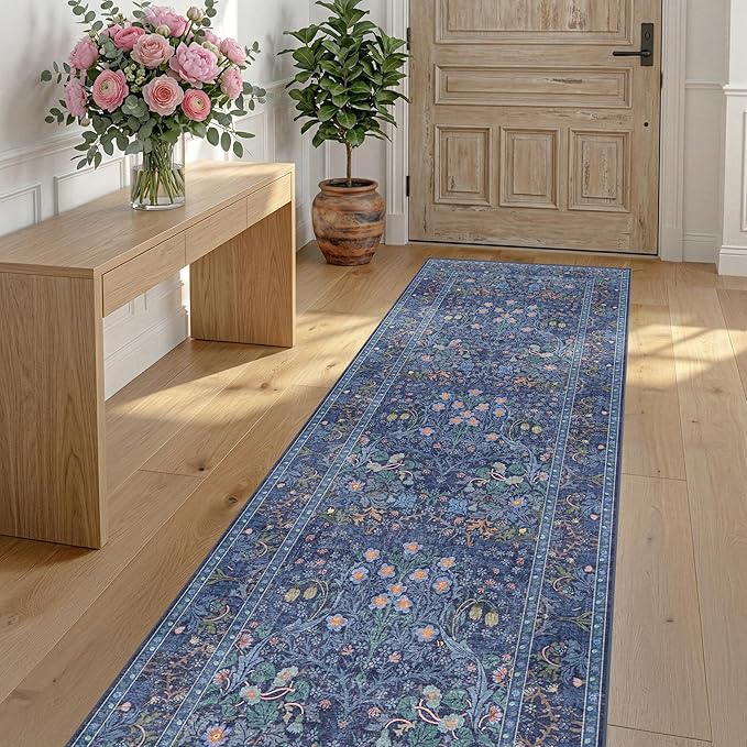 Dark Blue 2'6" x 8' Runners for Hallways Non Slip, Extra Long Floor Runner for Kitchen, Entryway Indoor, Washable Rubber Backing Stain Resistant - Vintage Navy Blue Floral Décor