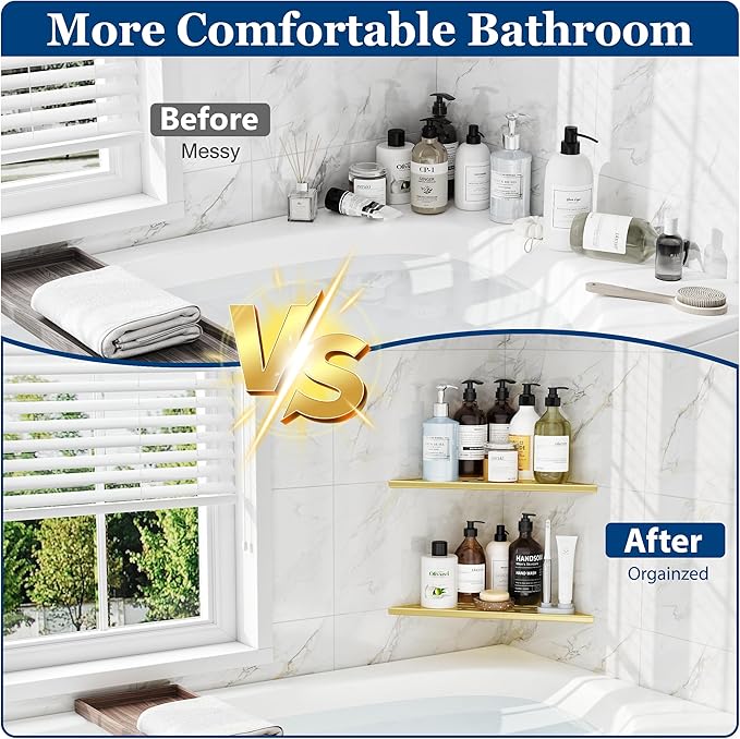 Qeke Corner Shower Shelves, 12” Recessed Tile Shower Shelf, 304 Stainless Steel Grout in Corner Tile Shower Shelves, No Drilling, Brushed Golden, 2 Pack