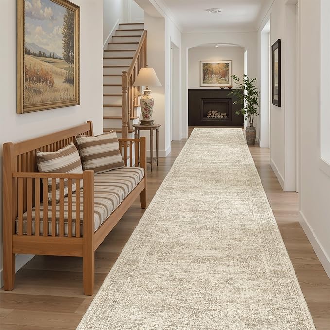 Soalmost Hallway Runner 3x14 - Runner Rugs 14ft Washable Entryway Rug Vintage Kitchen Runners Non Slip Indoor Rug Farmhouse Carpet Runner for Bathroom Living Room Bedroom, Beige