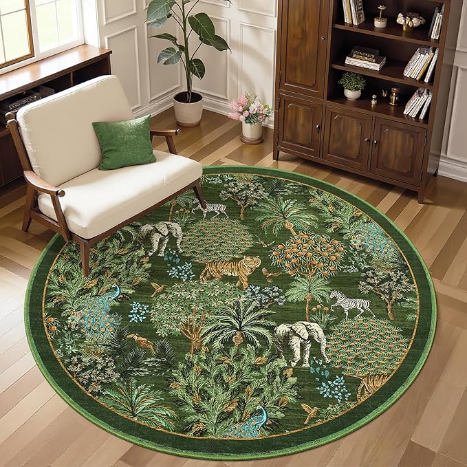 GarveeHome Jungle Round Washable Rugs 4ft Non-Slip Soft Round Rug for Kids Room, Forest Animal Print Tiger Circle Carpet for Bedroom Entryway Playroom Nursery, Dark Green