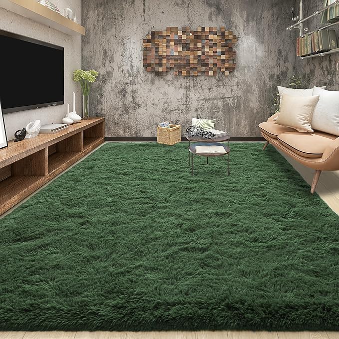 Tepook Fluffy Large Rugs for Living Room, 8x10 Area Rugs for Bedroom, Modern Shag Fuzzy Carpets for Kids Boys Girls, Plush Indoor Nursery Home Decor Rug with Non-Slip Bottom, Dark Green