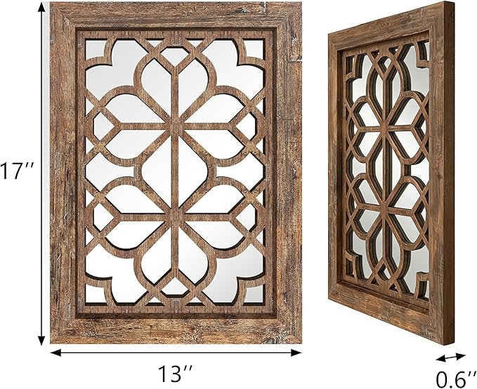 Set of 2 13x17 Inch Rectangular Shatterproof Decorative Wall Mirrors, Boho Farmhouse Rustic Vintage Grey Accent Mirrors for Living Room, Bedroom, Entryway & Home Wall Decor（Redbrown）