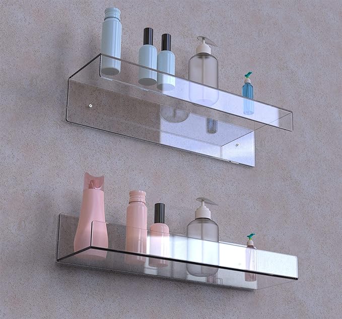 4 Pcak Clear Acrylic Shelves for Bedroom,Room,15 Inch Bathroom Wall Shelf & Organizer,Invisible Floating Shelves & Wall Storage for Collectibles Perfume Shelf,Record,Funko Pop,Lego Display,Bookshelf