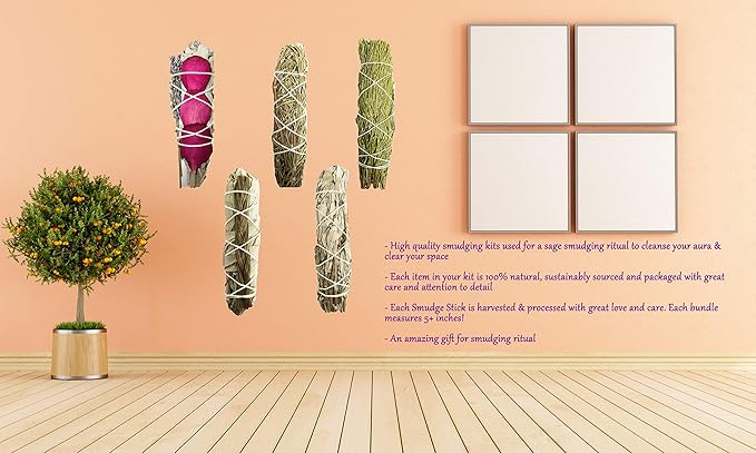 Smudge Sticks Sampler - 1 White Sage with Rose and Lavender, 1 Rosemary, 1 Cedar, 1 Sweetgrass White Sage and 1 Black Sage
