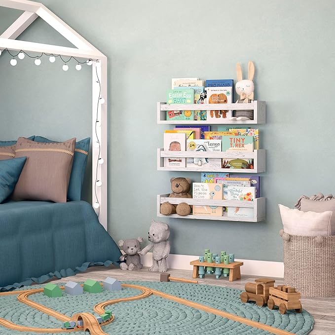 NATURE SUPPLIES Set of 3, 23.1" Whitewashed Floating Shelves for Wall, Kids Bookshelf for Bedroom, Nursery Storage, Decorative Wall Shelves for Kids Rooms, Modern Nursery Décor, Space-Saving Design