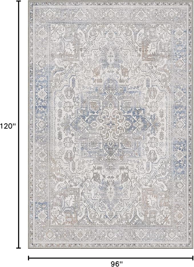 GENIMO 8x10 Area Rugs for Living Room, Machine Washable Non Slip Vintage Retro Rugs, Low Pile Lightweight Thin Print Rug for Bedroom, Dining Room, Home Office, Khaki Blue