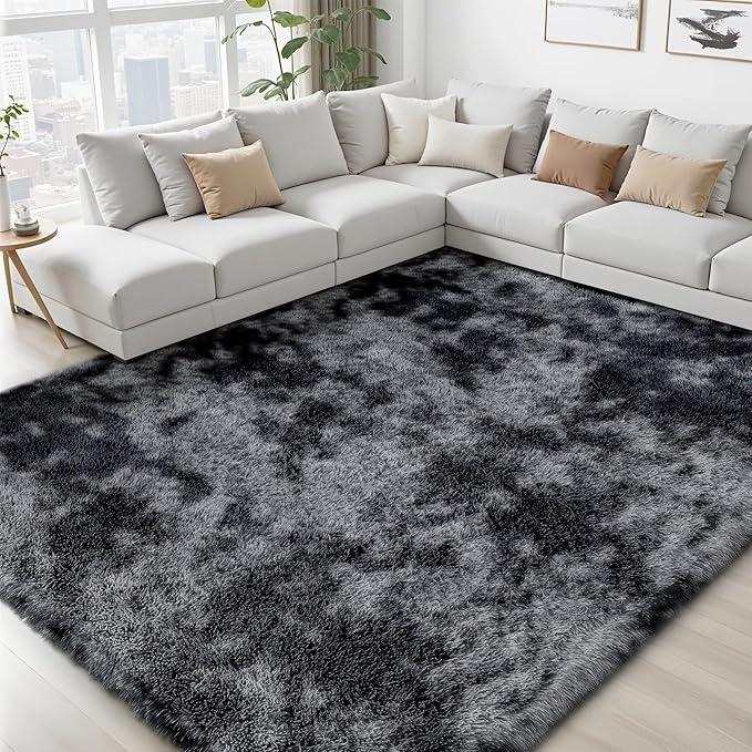Area Rug for Living Room Bedroom: 9x12 Black Grey Soft Fluffy Shag Upgrade Non-Slip High Pile Carpet Large Fuzzy Plush Indoor Floor Decor Shaggy Rug for Kid Boys Girls Playroom Nursery Modern Home
