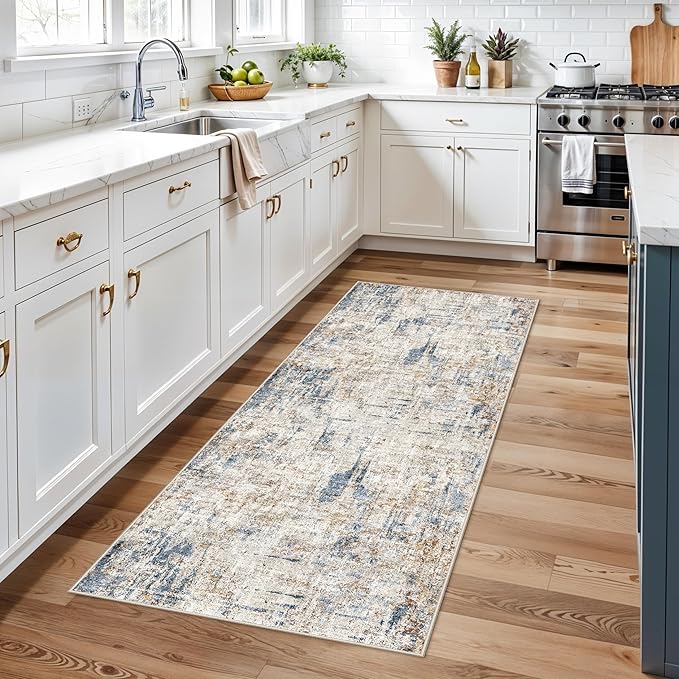2x6 Washable Non-Slip Hallway Runner Rug – Modern Abstract Soft Carpet Runner for Kitchen, Bedroom with Rubber Backing – Low-Pile Thin Stain-Resistant Rug for Laundry Room, Entryway（Blue Brown）