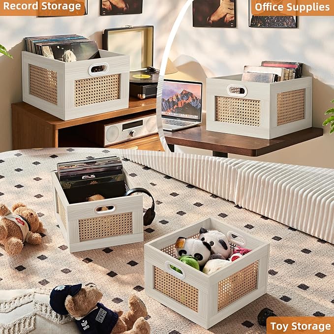 LELELINKY 2 Pack Vinyl Record Storage Crates, Rattan Vinyl Record Holder with Handle, Wood Record Crate for Vinyls Holder up to 75 LP's, Desktop Cube Album Storage for Vinyls Records(Grey White)