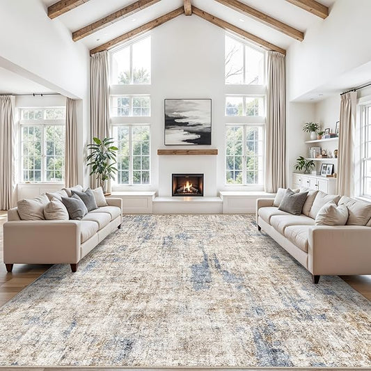 10x14 Large Rug Living Room – Washable Neutral Modern Abstract Rug for Bedroom Dining Room Home Office – Soft Thin Low Pile Non-Slip Big Carpet (Blue Brown)