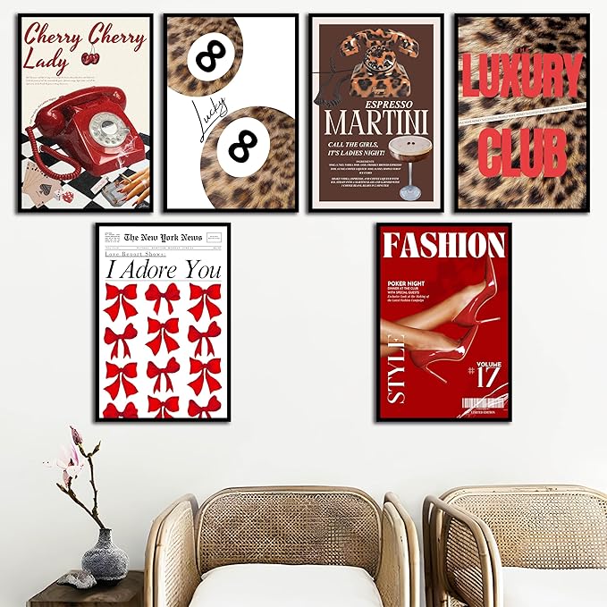 ZxXzkwpP Pink Cheetah Print Room Decor Poster, Trendy Red Fashion Leopard Print Wall Art Aesthetic Lucky 8 Ball Poster Coquette Preppy Y2k Red Funky Art For Bedroom (16x24x6 Unframed)