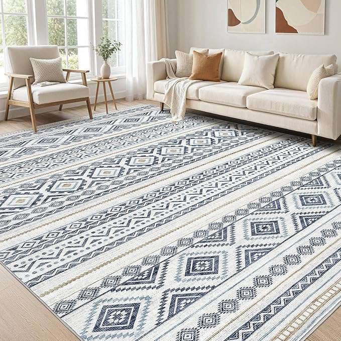 cotiled 7x10 Area Rug Living Room: Washable Boho Rugs with Non Slip Backing Large Soft Indoor Stain Resistant Carpet for Bedroom Farmhouse Dining Room Lightweight Home Decor Blue
