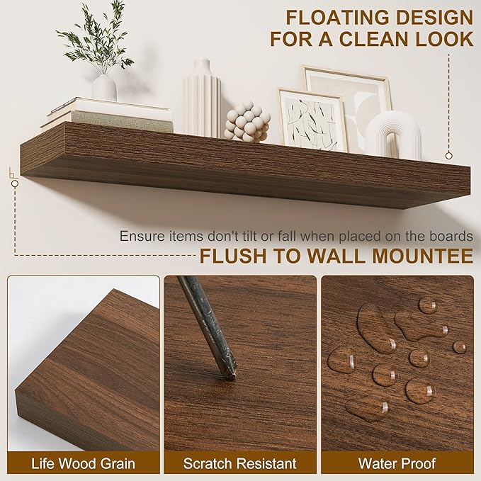 Fun Memories Floating Shelves for Wall, 24 Inch Floating Shelves Set of 2, Hanging Shelf with Invisible Brackets, Wood Shelves for Living Room, Bedroom, Kitchen, Walnut