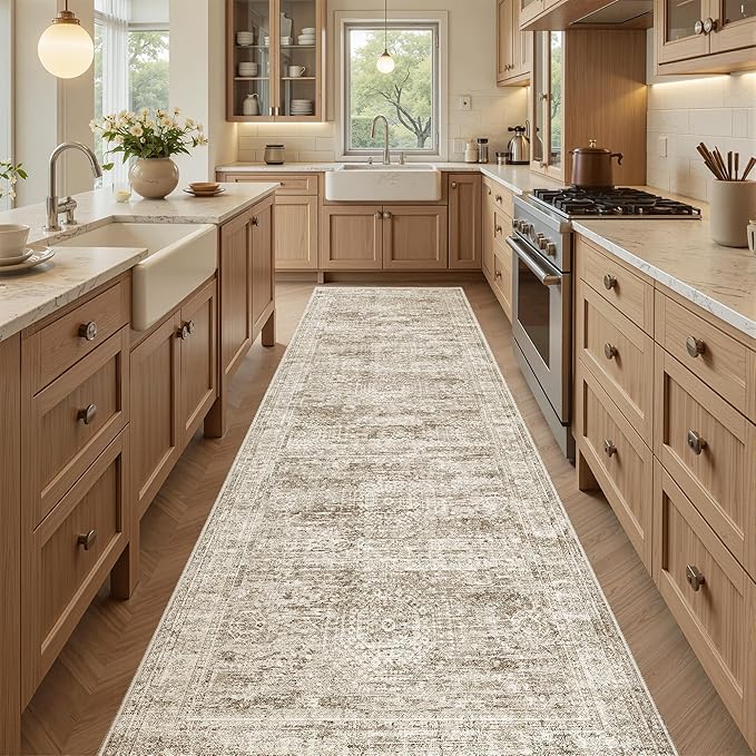 Soalmost Washable Runner Rug, 2'6" x 8' Non-Slip Kitchen Vintage Foldable Hallway Runners for Entryway, Laundry, Bedroom, Brown