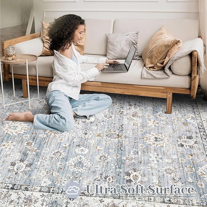 XLUEZ Area Rug 5x7 Living Room Rug, Machine Washable Vintage Distressed Boho Area Rug Non-Slip Soft Low Pile Large Indoor Rugs for Bedroom Kitchen Dining Room Office(Light Blue,5'x7')
