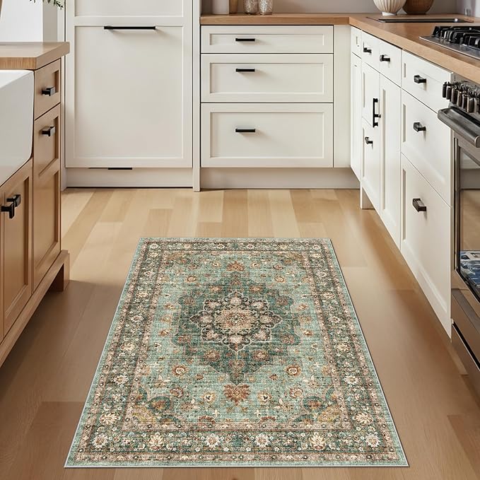 TOPRUUG Green Entryway 3x4 Rug - Washable Area Rugs for Kitchen Bathroom Non-Slip Ultra-Thin Indoor Door Mat Indoor Entrance - Stain Resistant Small Throw Carpet (Green, 3X4)