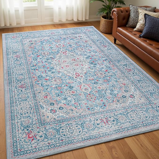 Goideal Washable Rug 5x7, Blue Area Rugs Non Slip, Indoor Low Pile Carpet with Rubber Backing for Living Room Kitchen Bathroom Entryway Office Bedroom