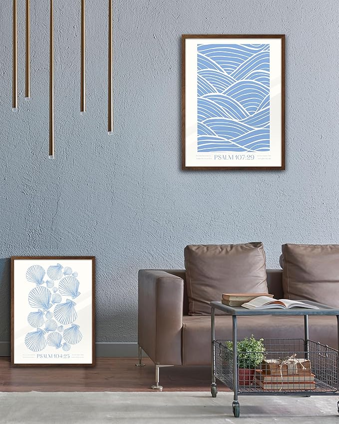 EcoHest Modern Christian Ocean Waves Framed Wall Art, 12x16 in Walnut Color OAK Wood Christian Psalm 107:29 Canvas Wall Art, Beige Logs Storm Home Decor Set of 1 for Bedroom Living Room