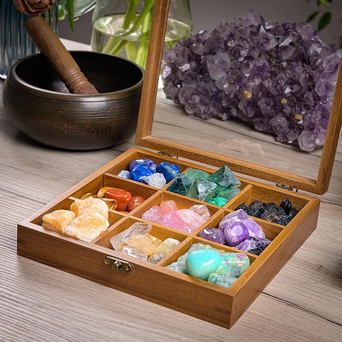 Curawood Rock Display Case - 8" x 8" Rock Collection Box for Kids & Adults - Crystal Holder for Stones Display Shelf with 9 Compartments & Acrylic Lid - Gemstone & Crystal Storage Box Organizer