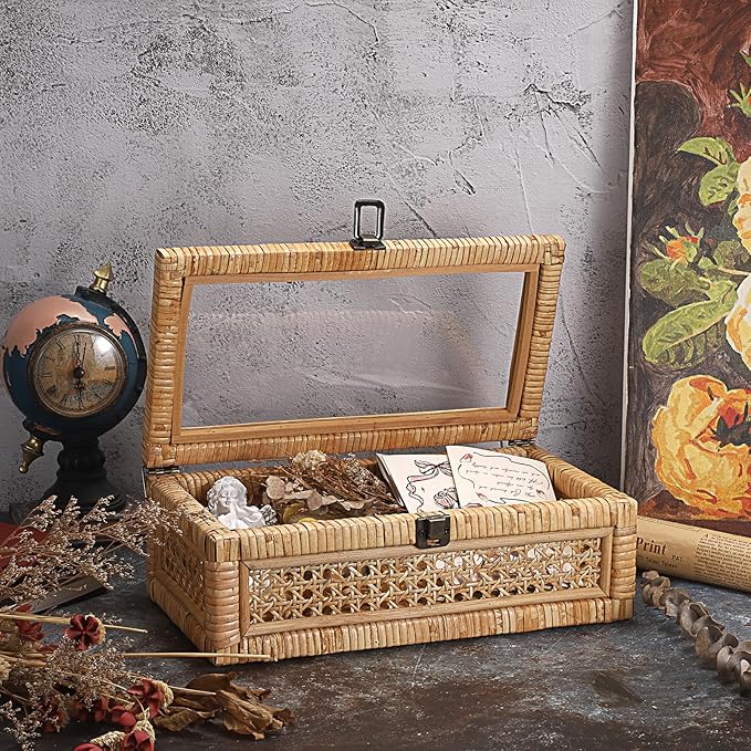 Hipiwe Rattan Decorative Box with Clear Lid and Lock - Natural Woven Wicker Basket Bin Rectangular Basket Organizer Vintage Wood and Cane Display Boxes for Shelves Home Storage and Decor