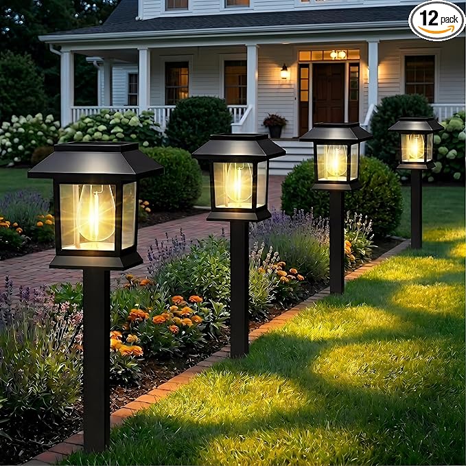 Benany Solar Outdoor Lights, 12 Pack Solar Pathway Lights Waterproof, Landscape Lighting for Path Walkway Lawn Garden Yard Outside Décor, Black