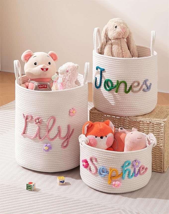 JUPPE Custom Baby Shower Basket, Personzlized Basket with Baby Name, Baby Boy Girl Storage Organizer Cotton Rope Nursery Decor Newborn Gift (XL Basket)