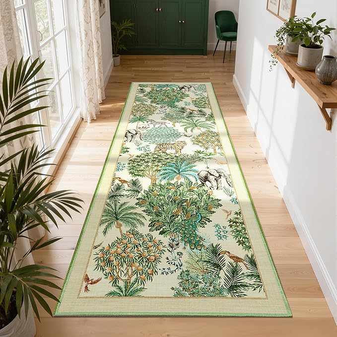 GarveeHome Jungle Rug 2.5x8 Kitchen Runner Rug Non Slip Washable Runners for Hallways, Animal Print Runner Rugs with Rubber Backing Soft Low-Pile Forest Long Carpet for Bedroom Entryway Laundry, Beige