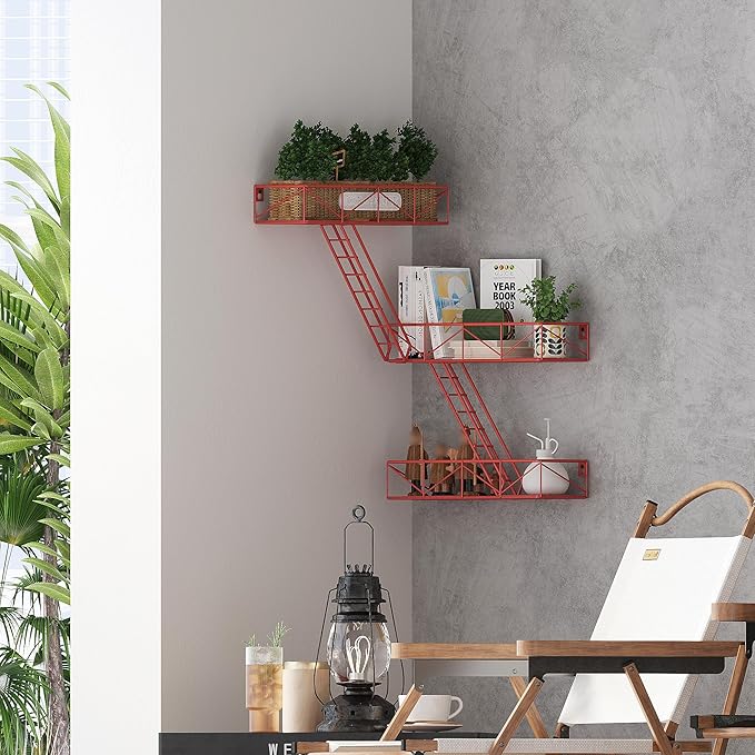 Fire Escape Shelf - 3 Tier Red Fire Escape Wall Shelf with Basket Wall Organizer, New York Metal Decorative Shelves, DIY Floating Action Figurine Display Shelf for Bedroom