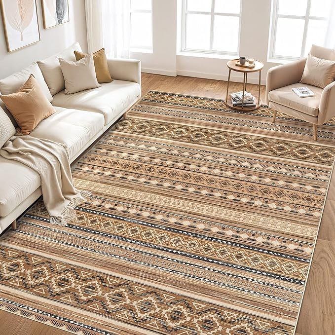 cotiled 5x8 Area Rug Living Room: Washable Boho Rugs with Non Slip Backing Large Soft Indoor Stain Resistant Carpet for Bedroom Farmhouse Dining Room Lightweight Home Decor Brown/Beige