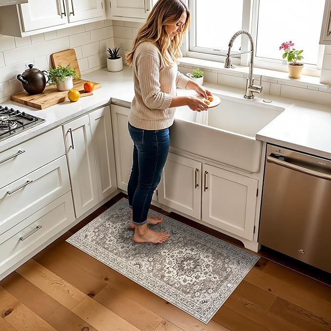 TOPRUUG 2x4 Oriental Entry Rug - Washable Area Rugs for Kitchen Bathroom Non-Slip Ultra-Thin Indoor Door Mat Indoor Entrance - Stain Resistant Small Throw Carpet (Beige, 2X4)