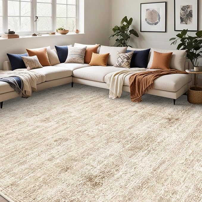 TOPRUUG Washable 12x15 Area Rug - Extra Large Rugs for Living Room Soft Low Pile Carpet for Bedroom Non-Slip Stain Resistant Vintage Indoor Floor Carpets (Beige Brown, 12x15)