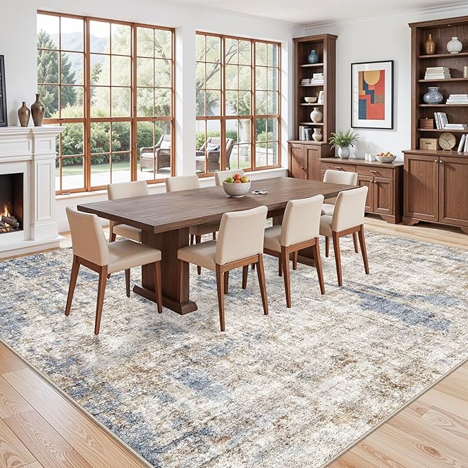 12x12ft Square Living Room Rug – Non-Slip Washable Extra Large Floor Carpet for Bedroom, Dining Room, Playroom Room – Modern Abstract Neutral Thin Low-Pile Big Indoor Rug (Blue Brown)