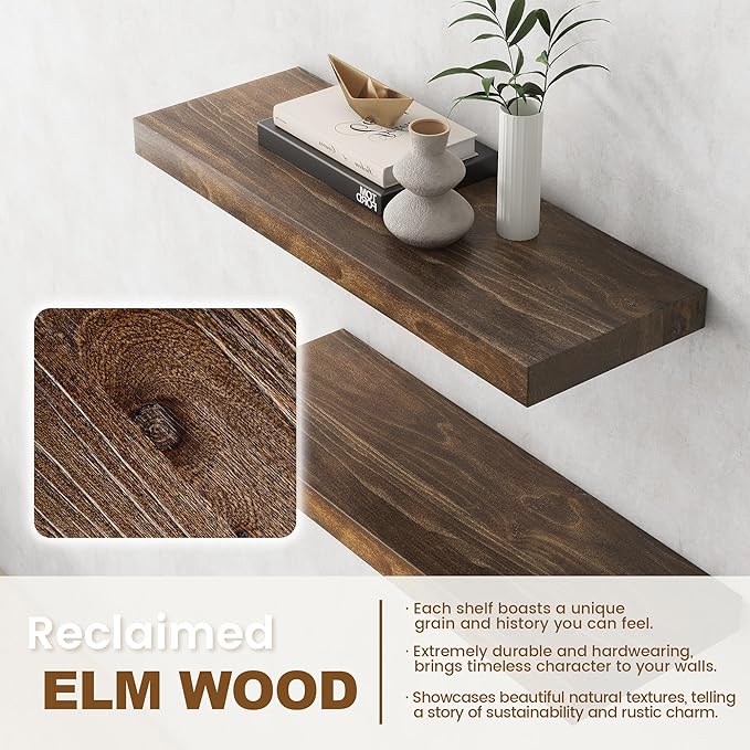 Venusmiles Elm Floating Shelves for Wall Decor, Rustic Solid Wood Shevles Wall Mounted with Invisible Bracket for Living Room Bathroom Bedroom Kitchen, 36 Inch Set of 2, Walnut