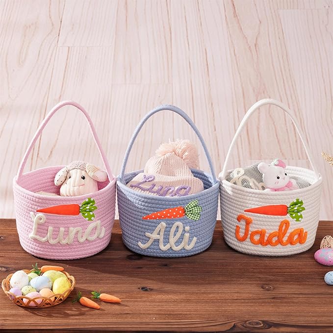 JUPPE Custom Easter Basket, Personzlized Bunny Basket with Kids Name, Cotton Rope Storage Organizer Nursery Decor Easter Eggs Gift (Bunny Basket)