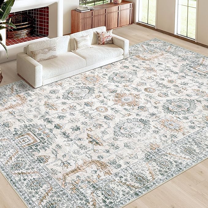 XLUEZ Area Rug 10x12 Living Room Rugs, Machine Washable Vintage Distressed Boho Area Rug Non-Slip Soft Low Pile Large Indoor Rugs for Bedroom Kitchen Dining Room Office(Brown Green,10'x12')