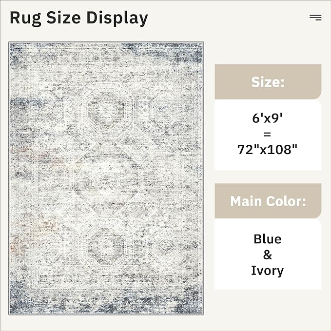 Soalmost 6x9 Area Rug for Living Room Washable 6x9 Non-Slip Modern Rugs for Bedroom Dinning Room Ultra-Thin Indoor Blue Ivory